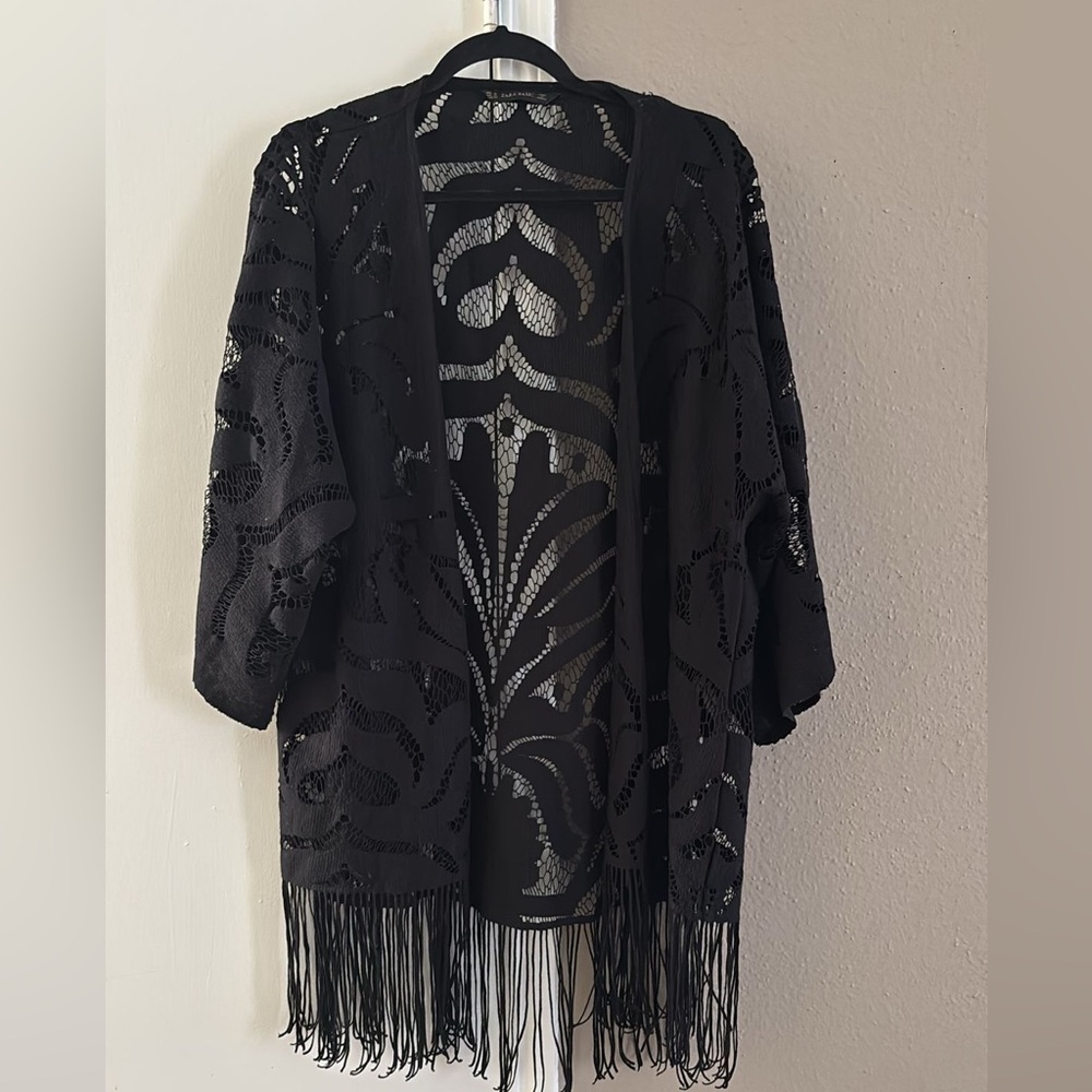 Zara Black Fringe Shrug Poncho